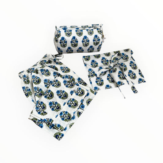 Blue + Green Buta Gift Set (Pajama Pants + Make Up Bag)