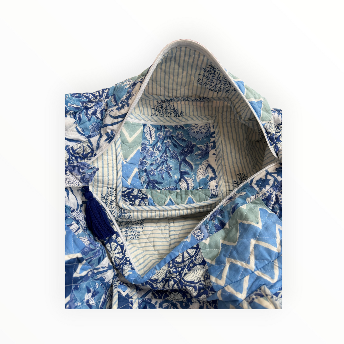 Indigo Wave Patchwork Weekender Duffel Bag