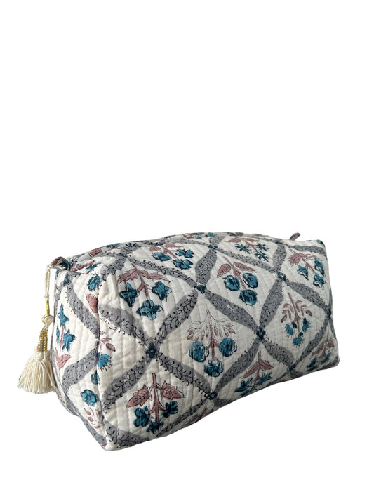(M077L) Make Up Bag Gray Blue Garden Print