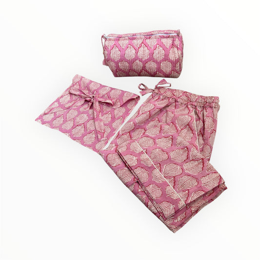 Pink Leaf Gift Set (Pajama Pants + Make Up Bag)