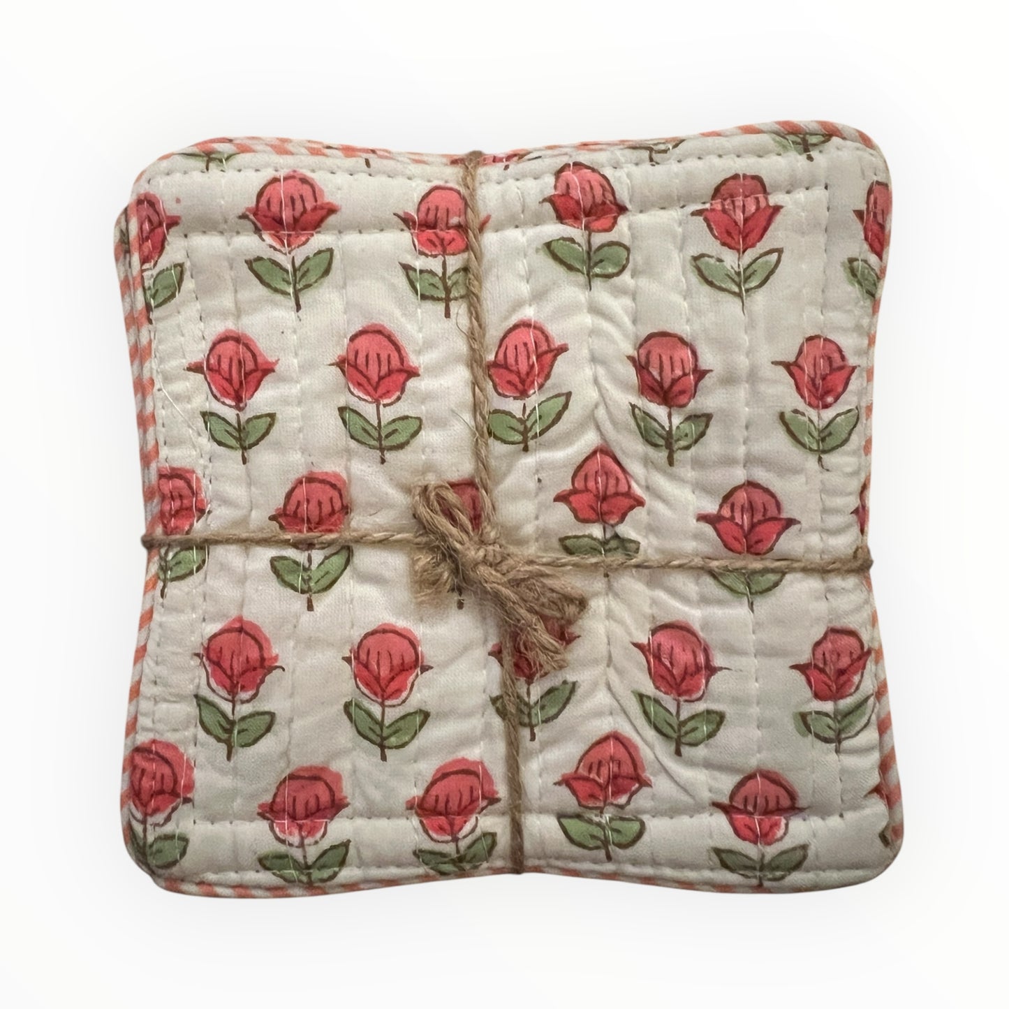 Block Print Coaster Set IX- Pink Green Small Buti