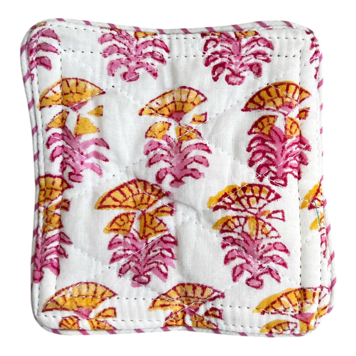 Block Print Coaster Set Pink Yellow Buti