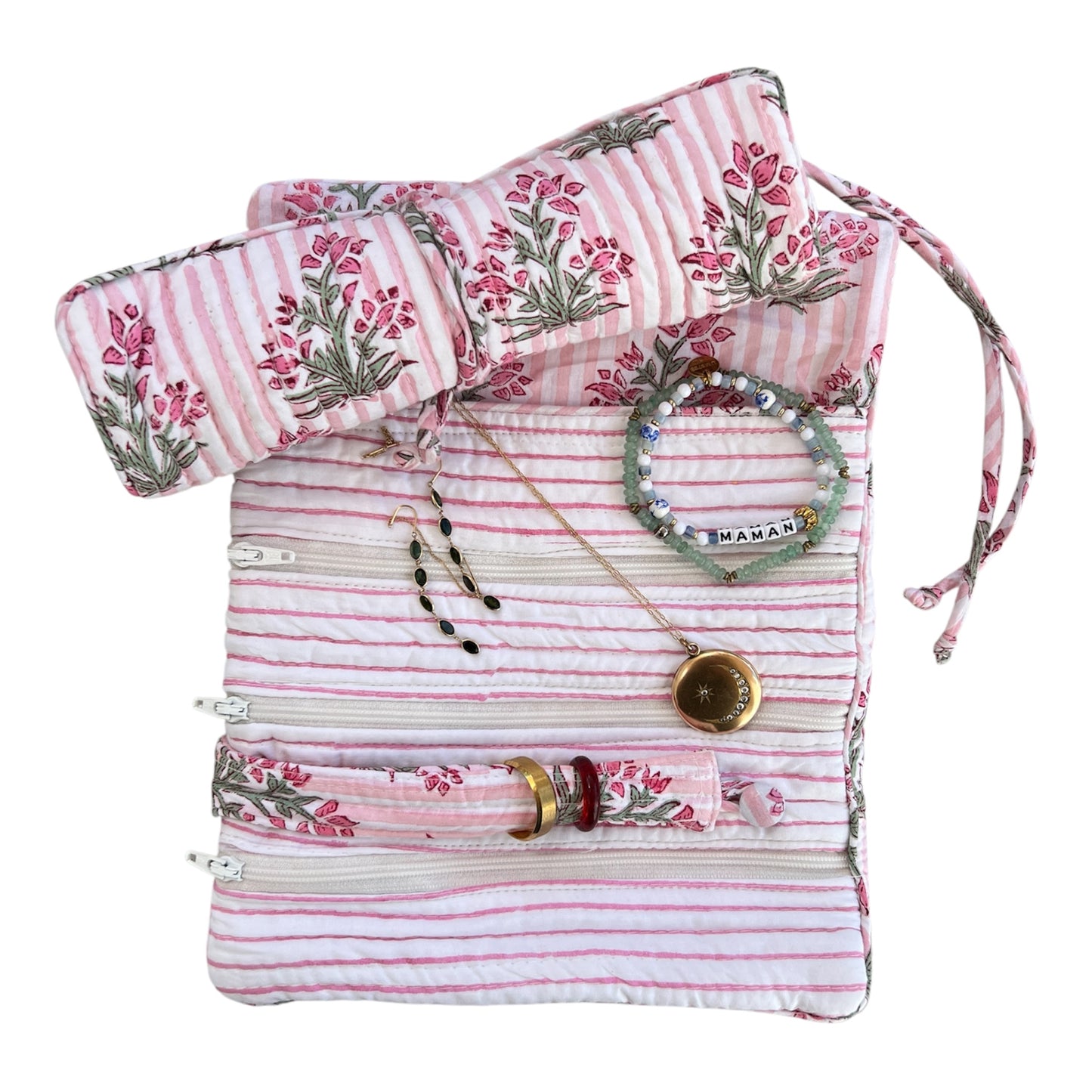 Pink Stripe Jewelry Roll