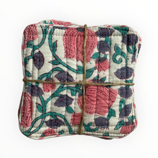 Block Print Coaster Set XXI- Pink Purple Aqua Jaal