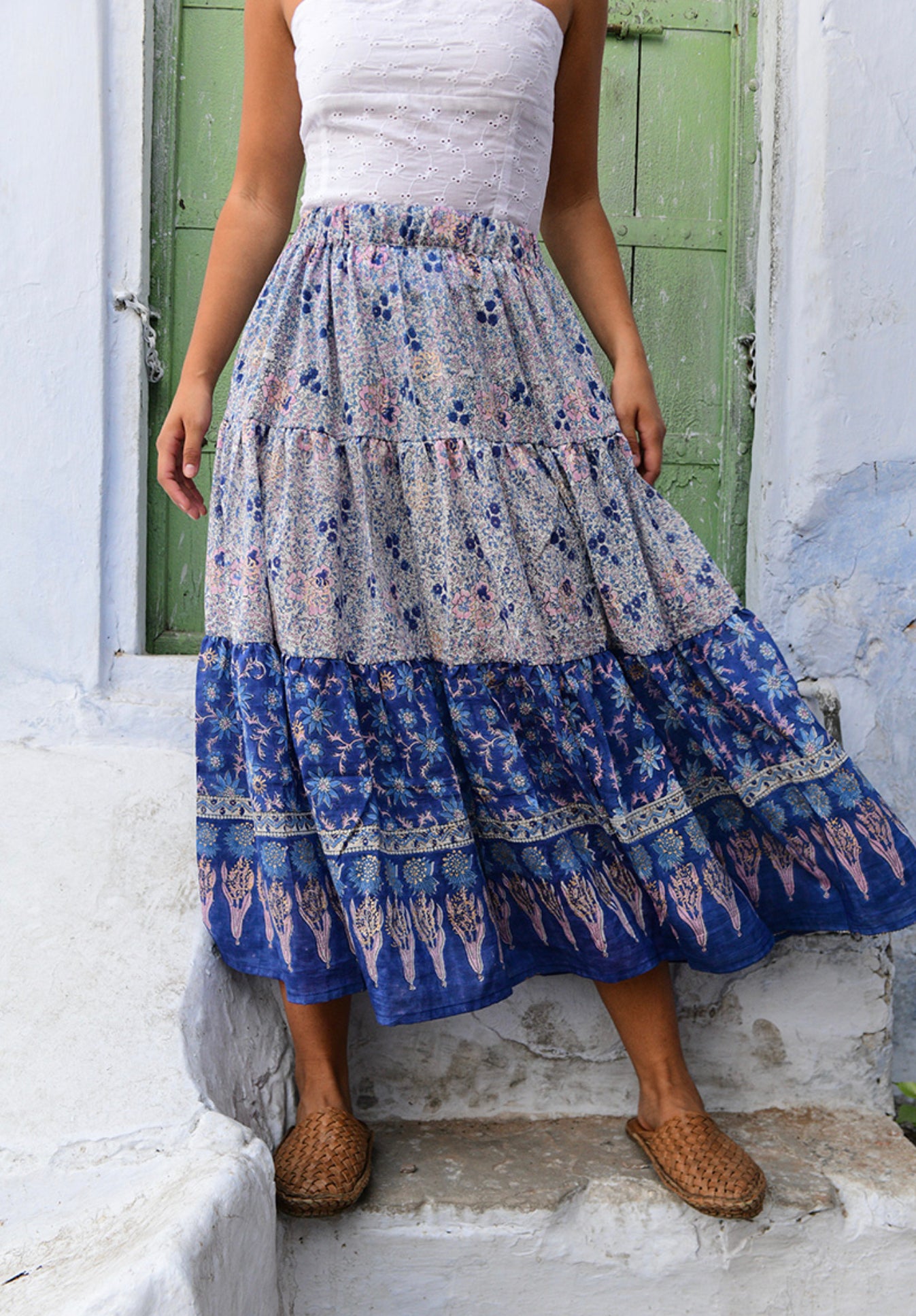 Hilary Tiered Skirt - Blue Floral