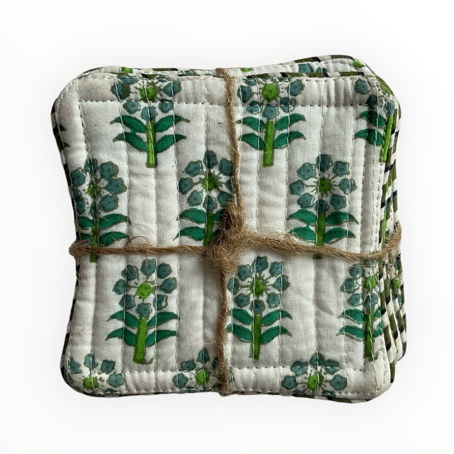 Block Print Coaster Set XXII- White Green Buti flowers