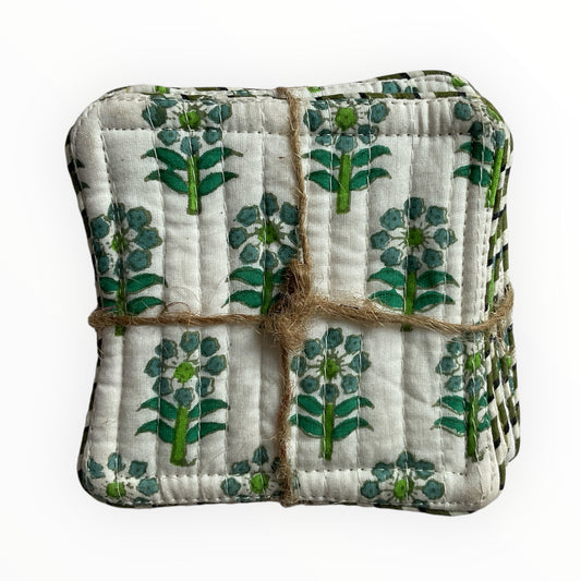 Block Print Coaster Set XXII- White Green Buti flowers