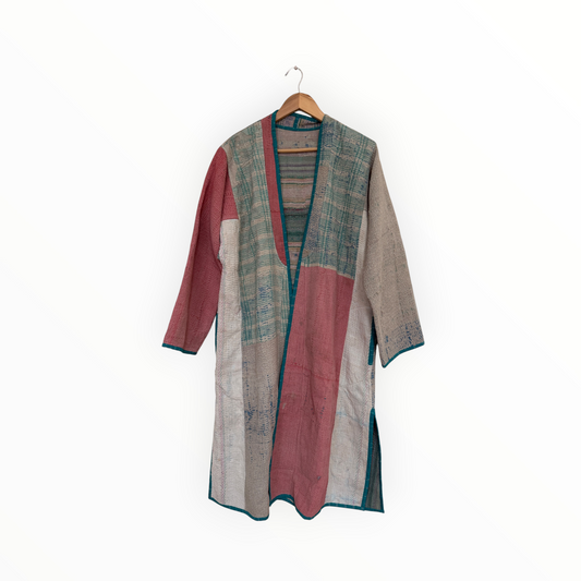 Vintage Heirloom Kantha Jacket in Dusty Pink and Muted Teal