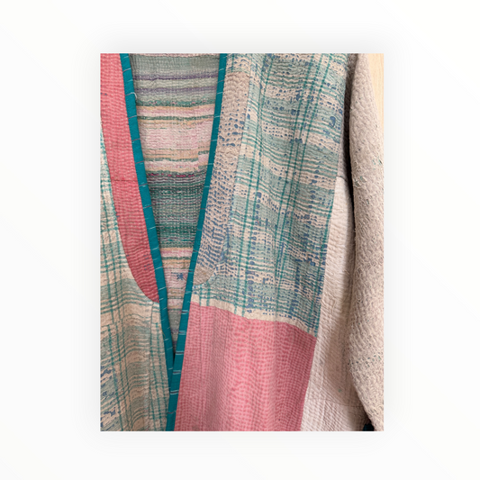 Vintage Heirloom Kantha Jacket in Dusty Pink and Muted Teal