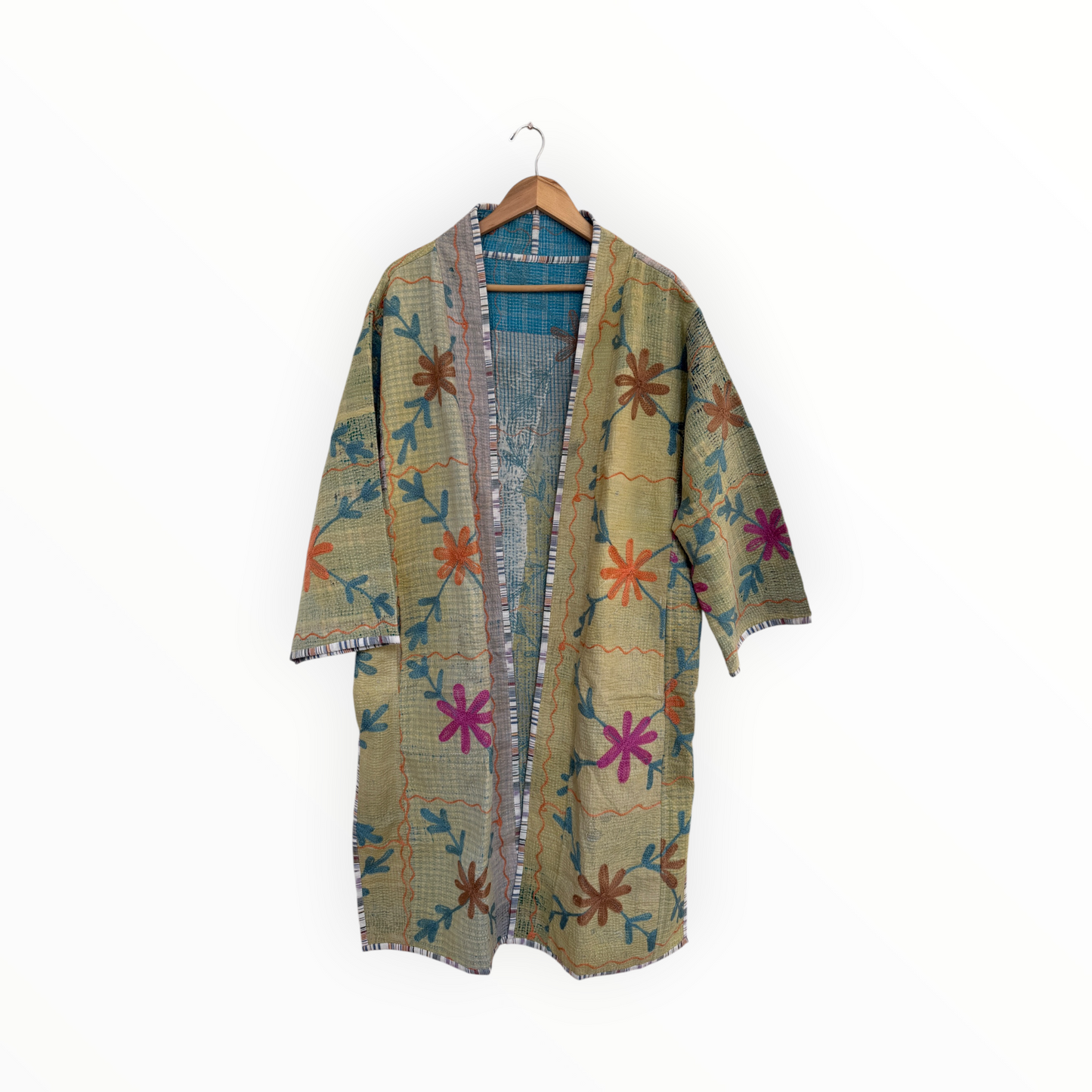 Reversible Vintage Nomad Jacket in Green with Floral Embroidery