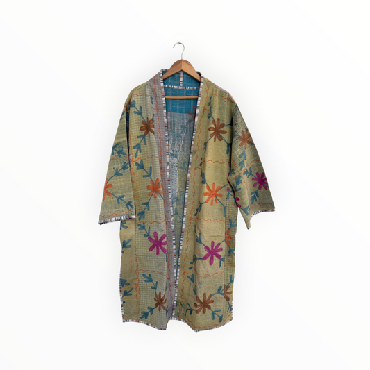 Reversible Vintage Nomad Jacket in Green with Floral Embroidery