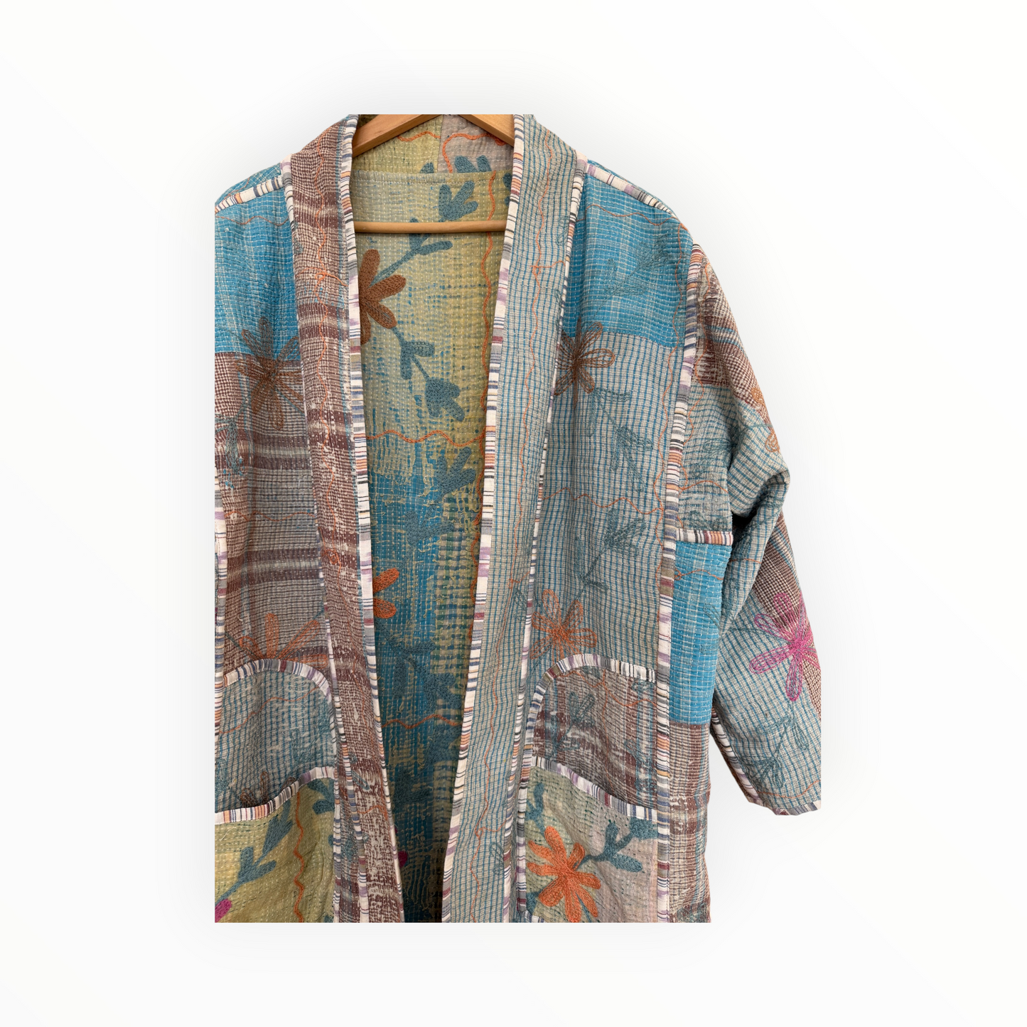 Reversible Vintage Nomad Jacket in Green with Floral Embroidery
