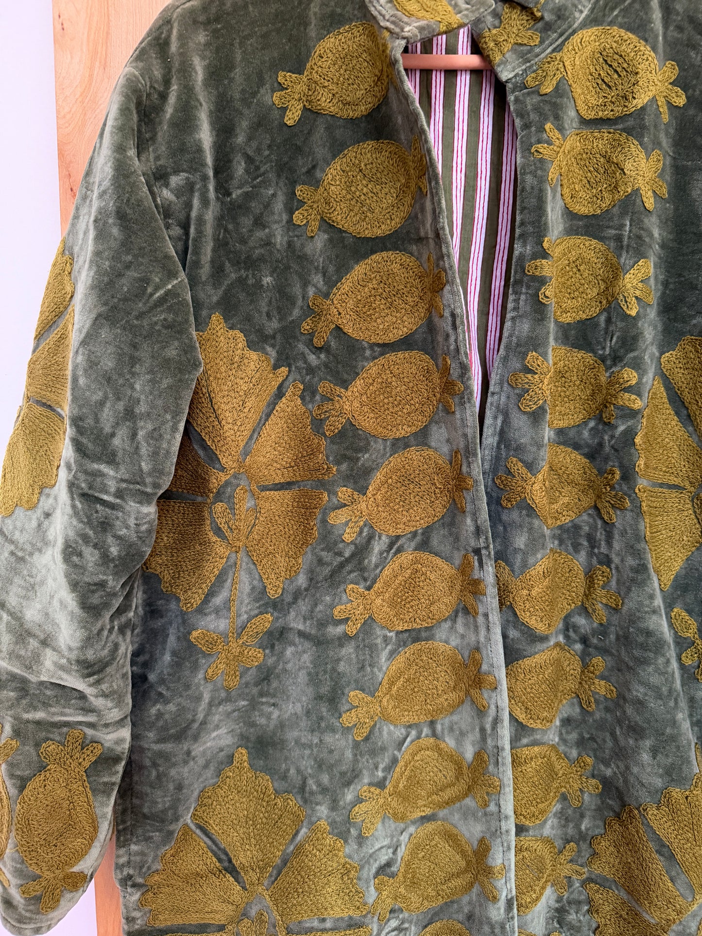 Olive Suzani Embroidered Long Jacket
