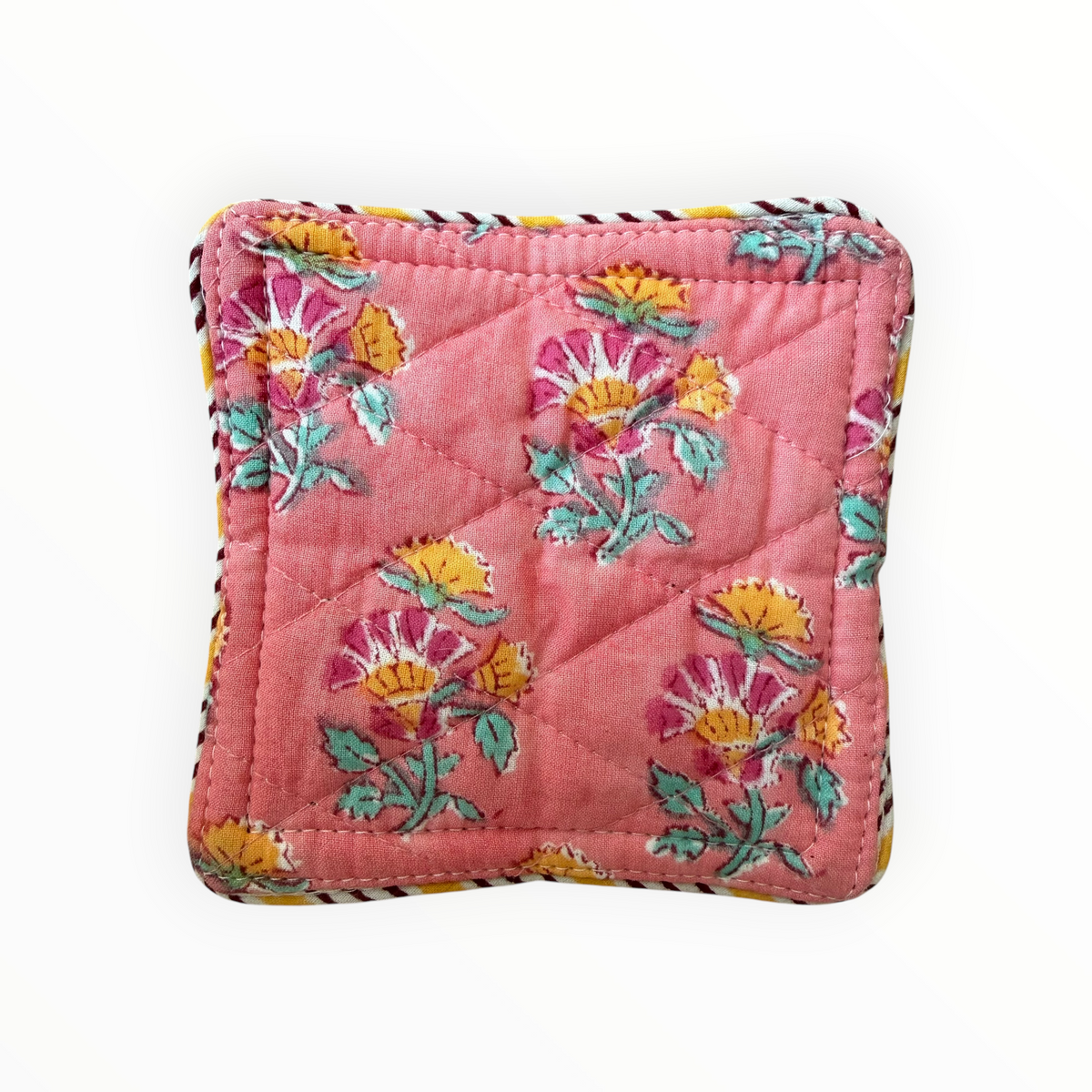 Block Print Coaster Set Orange Buti with Striped Piping