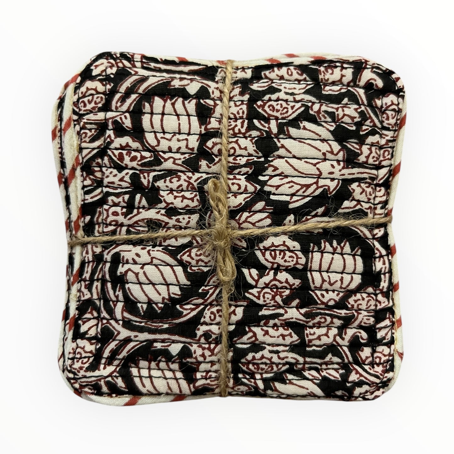 Block Print Coaster Set XX- Black Bagru Red Outline Vines