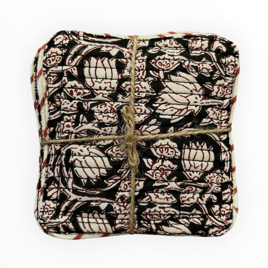 Block Print Coaster Set XX- Black Bagru Red Outline Vines