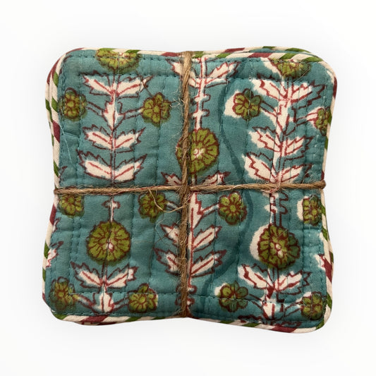Block Print Coaster Set XVIII- Aqua Green Red Outline Connected Vines