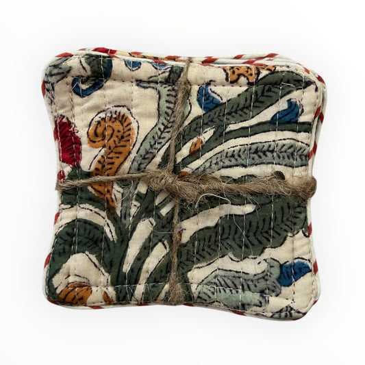 Block Print Coaster Set XVII- Blue Green Tan Leaves