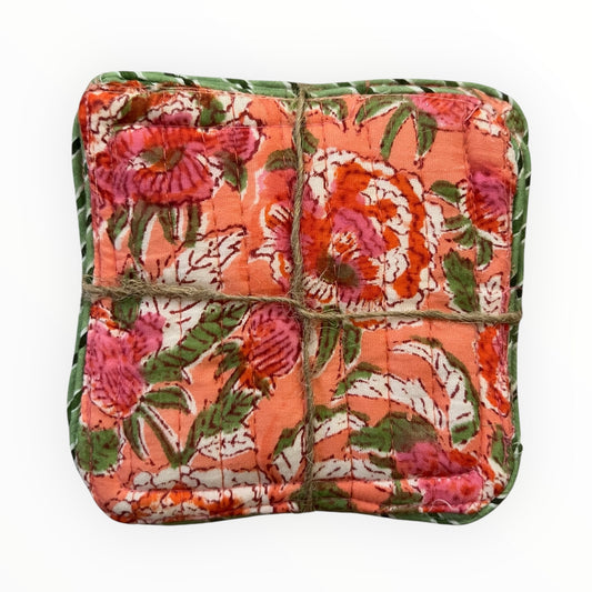 Block Print Coaster Set XVI- Orange Pink Green Jaal