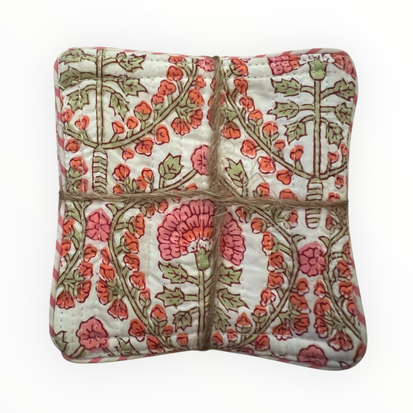 Block Print Coaster Set XV- Pink Orange Green Vines