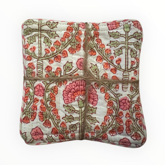 Block Print Coaster Set XV- Pink Orange Green Vines