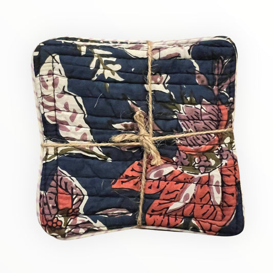 Block Print Coaster Set XI-Multi Navy Blue Orange