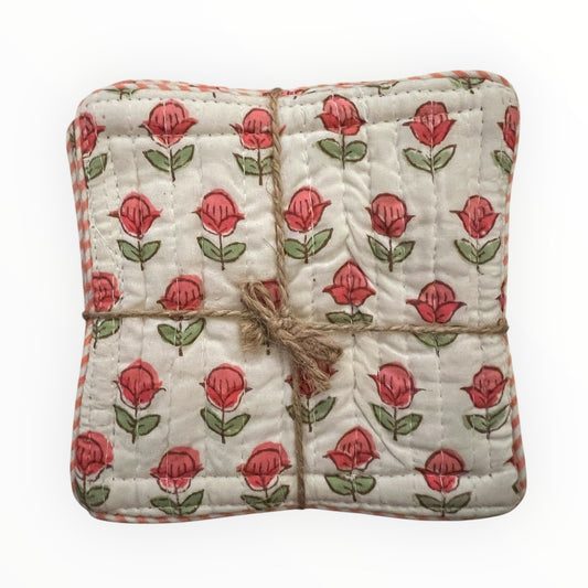 Block Print Coaster Set IX- Pink Green Small Buti