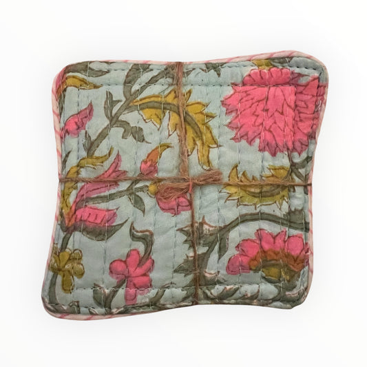 Block Print Coaster Set V- Aqua Pink Jaal