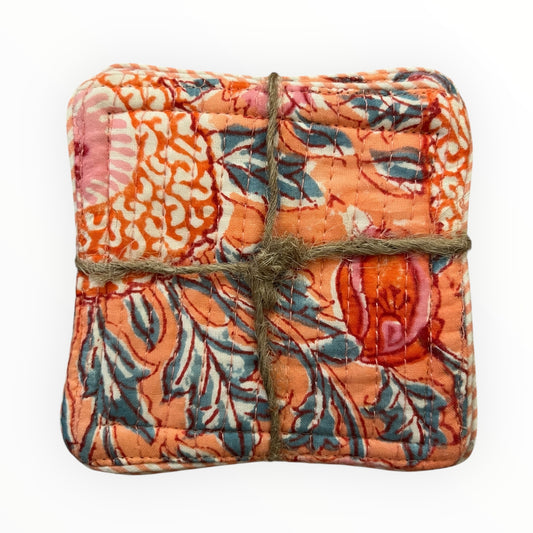 Block Print Coaster Set III- Orange Jaal