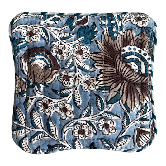 Block Print Coaster Set Blue Brown Jaal