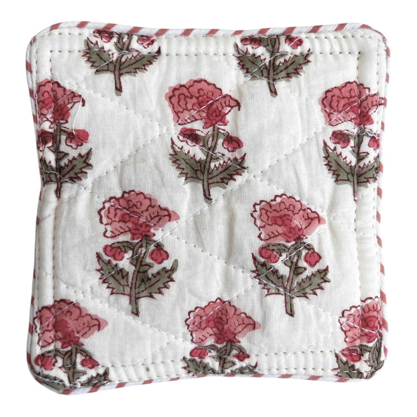Block Print Coaster Set Muted Pink Green Buti