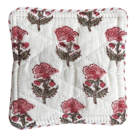 Block Print Coaster Set Muted Pink Green Buti