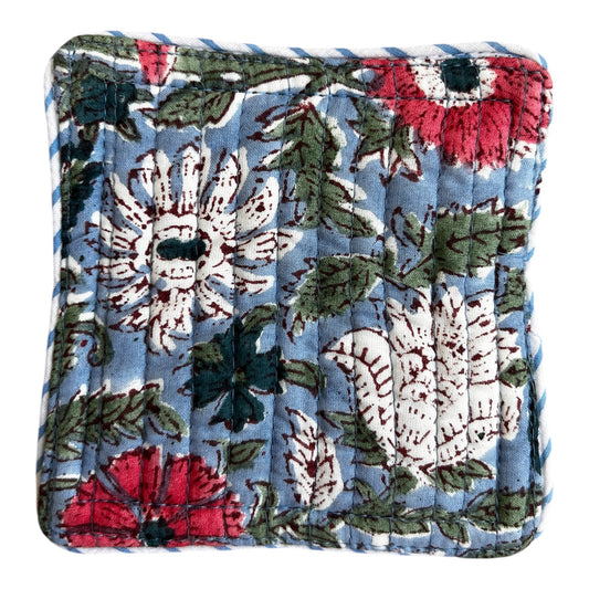 Block Print Coaster Set Blue Pink Green Jaal