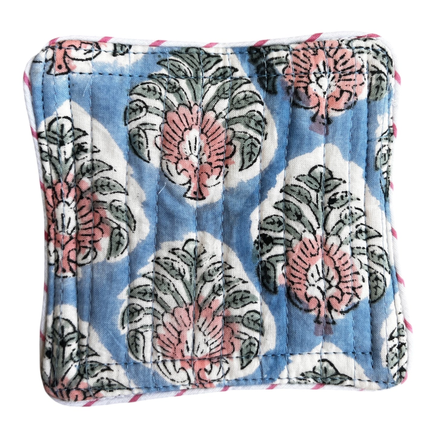 Block Print Coaster Set Pastel Light Blue Pink Green Motif